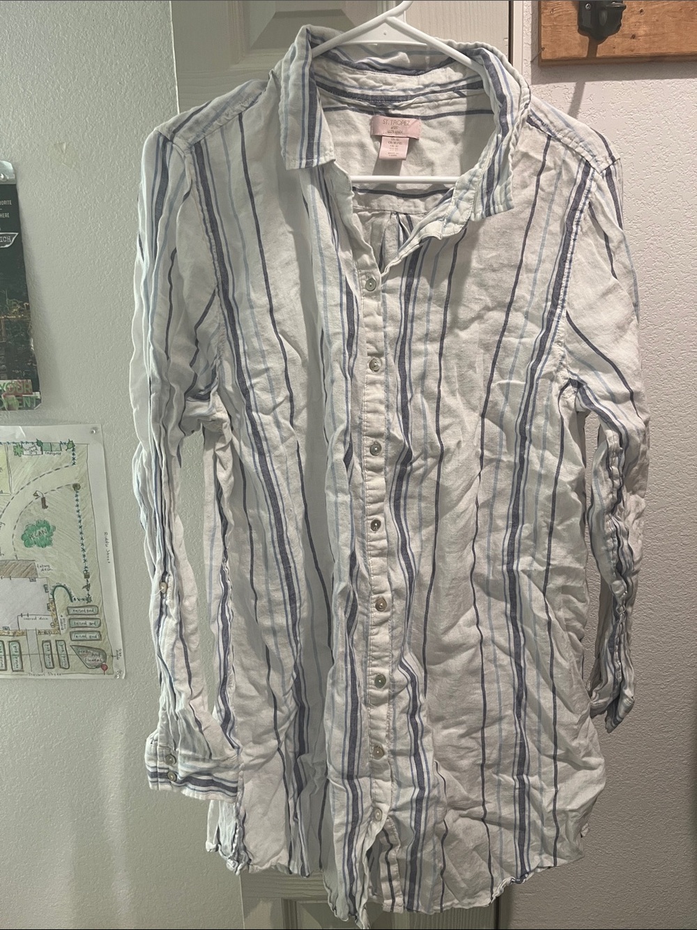 St. Tropez Women’s Linen Long-Sleeve Striped Button-Down Shirt - White & Blue